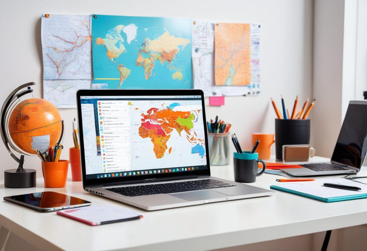 A modern blogger surrounded by various gadgets, including a laptop displaying trending topics, a smartphone with social media notifications, and a notepad filled with creative ideas. The background features a digital world map with highlighted regions representing global blogging trends. Bright colors and a futuristic vibe capture the essence of 2023's digital landscape. super-realistic. vibrant colors. white background.